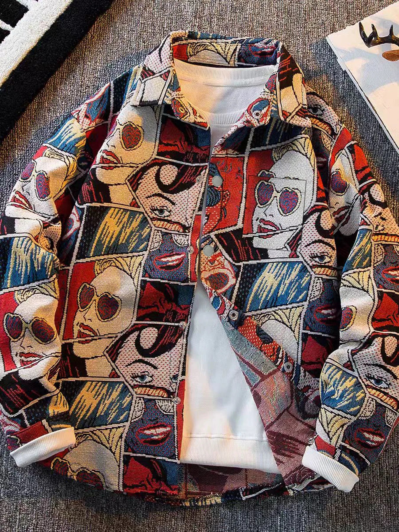 Spring and autumn trendy rugged stylish workwear jacket for men, American design, retro fun cartoon comic print jacket Sb148ab68eb0a406f9c34cd607715da61i Swag N Slay LTD