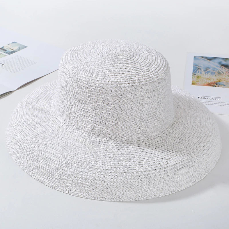 HT2303 2023 New Summer Sun Hats Ladies Solid Plain Elegant Wide Brim Hat Female Round Top Panama Floppy Straw Beach Hat Women White H0303a8146ae54d05a54bd3b2d90a38adL Swag N Slay LTD