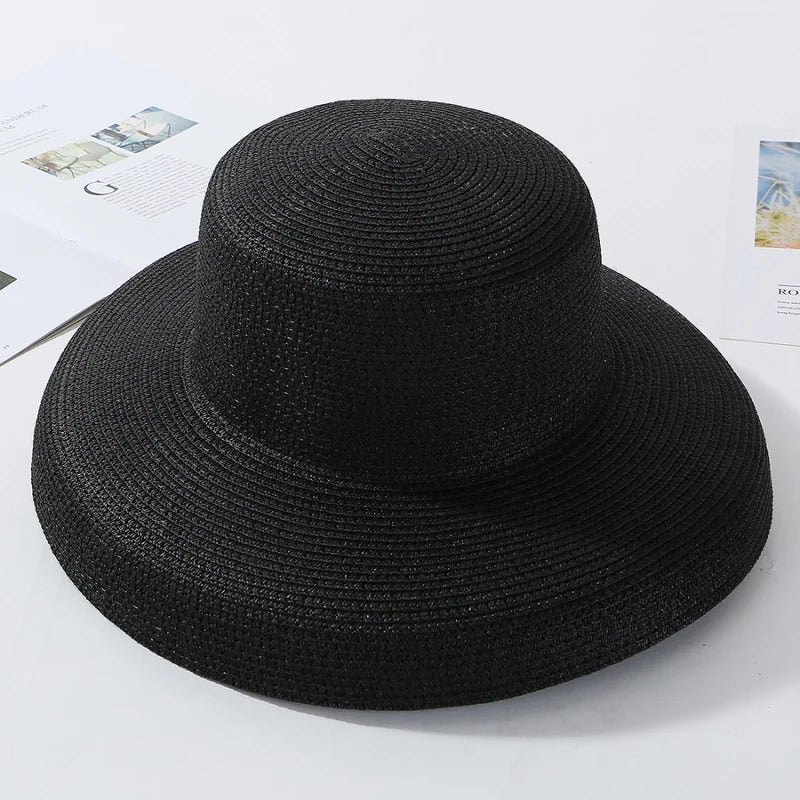 HT2303 2023 New Summer Sun Hats Ladies Solid Plain Elegant Wide Brim Hat Female Round Top Panama Floppy Straw Beach Hat Women Black H0e72cfc49c864449a1fe83d88540e745S Swag N Slay LTD