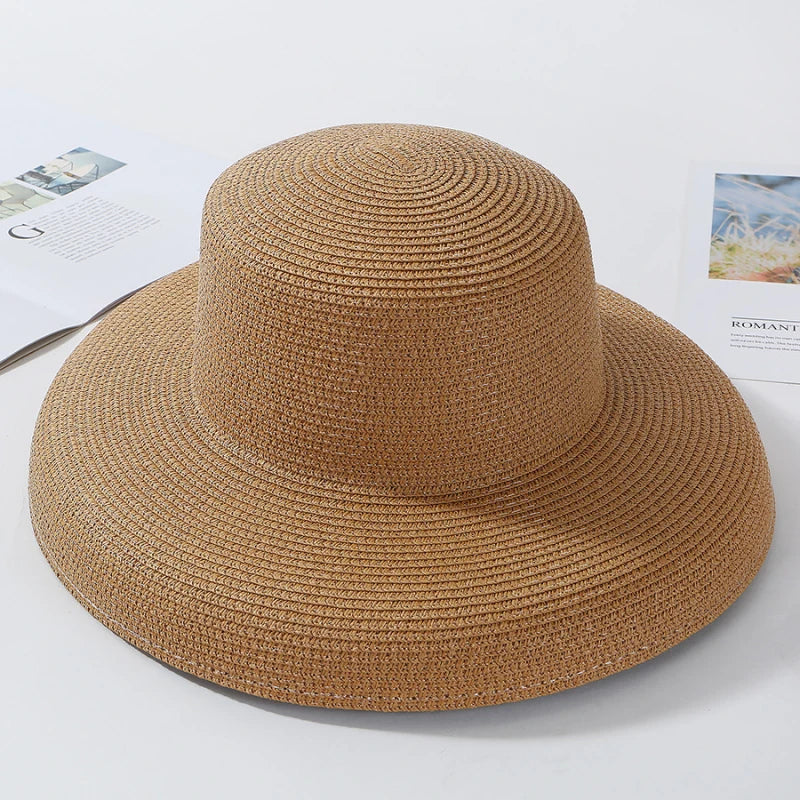 HT2303 2023 New Summer Sun Hats Ladies Solid Plain Elegant Wide Brim Hat Female Round Top Panama Floppy Straw Beach Hat Women Coffee He5814064b77e40e388cd88f6a0058581d Swag N Slay LTD
