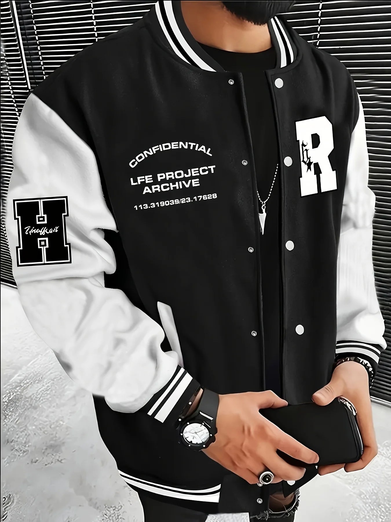 Men's Fashionable R Letter Splicing Casual Street Style Baseball Jacket with Button Closure and Pockets 1 S021da161cfd9442b9c139e114189b831Z Swag N Slay LTD