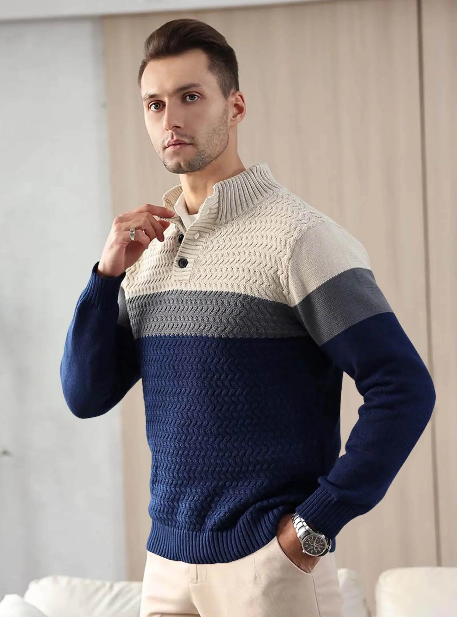 Men's Tri-Button Pullover Sweater Mock Neck Lightweight Casual Fashion Knitted Henley Sweater S038077fcde694d5085783d9b8a7fa080F Swag N Slay LTD