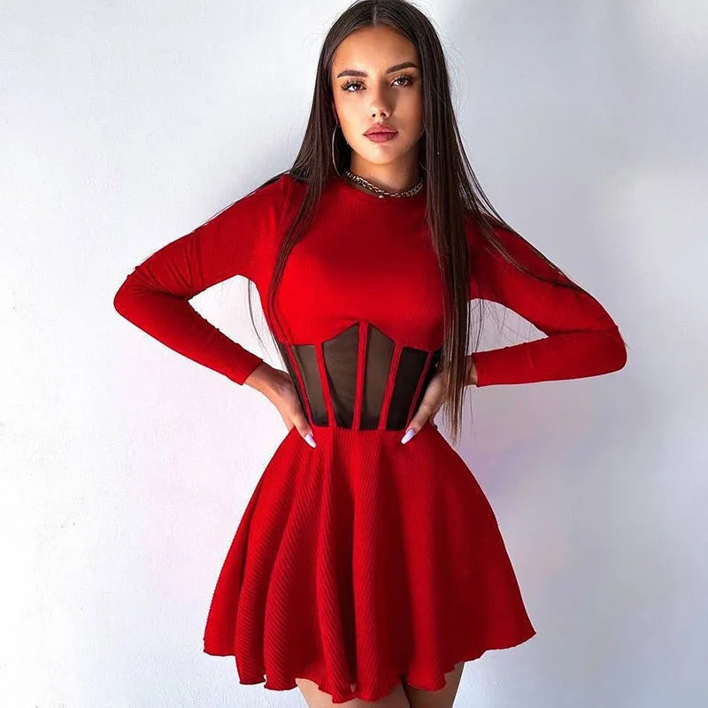 CNYISHE Women Dresses Mesh Patchwork Sheer Long Sleeve Sexy Club Fashion O Neck A-line Sheath Bodycon Female Vestidos Robes Red S057c4ed56b654850a91d30da13666df0t Swag N Slay LTD