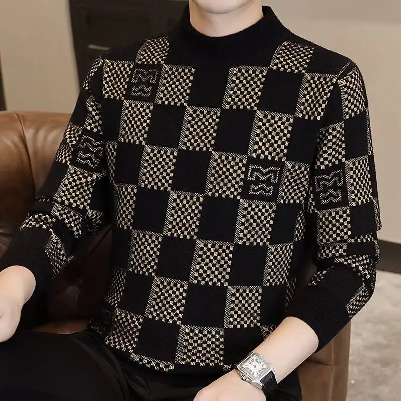 Checkered sweater for men's autumn and winter new fashion brand jacquard knitted sweater with half high collar and bottom layer VJ-9062hong S060f04730fd240f3b2e57f0da7cf64e5h Swag N Slay LTD