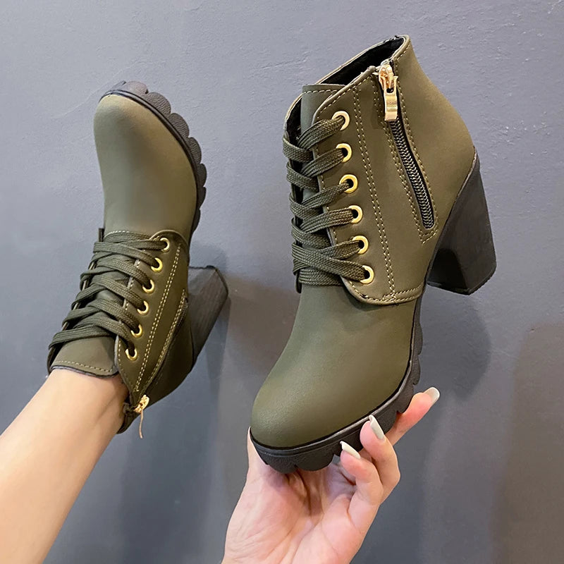 Women's Winter Warm Ankle Boots: Thick Sole & High Heel - Black PU Leather, Side Zipper with Lace-Up Detail, Plain Toe | Chic Ev army green United States S0921a143097a4a96ba48e8378eb0bd30B Swag N Slay LTD