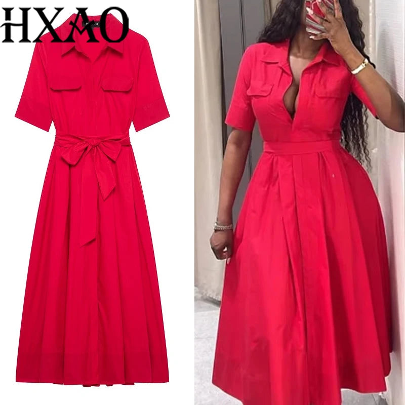 HXAO Red Women's Dress 2025 Short Sleeve Shirt Long Dresses For Woman Pleated Midi Casual Dresses Collared Holiday Dresses 088 S0992adbf229544dfad0d5dacb17b29366 Swag N Slay LTD