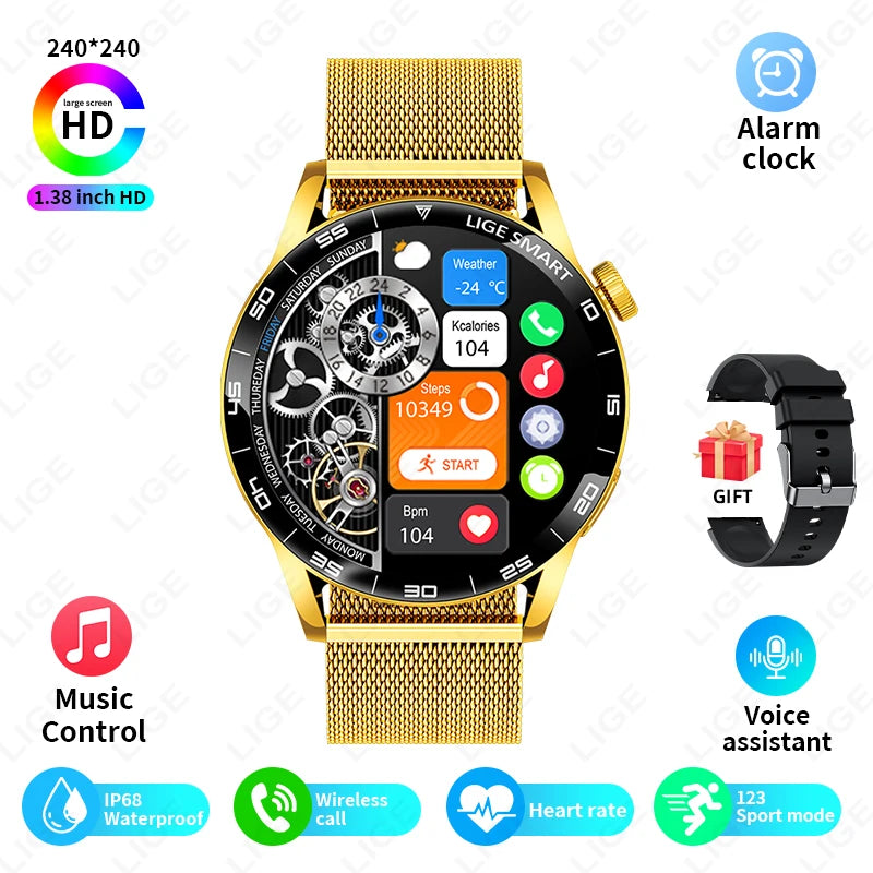 New LIGE Smart Watch Wireless Call Weather Forecast Magnetic Charging Waterproof Music Control Men smart watch For Android IOS Gold mesh belt S0c34746cd1b2483a85c90e34f80318a8T Swag N Slay LTD