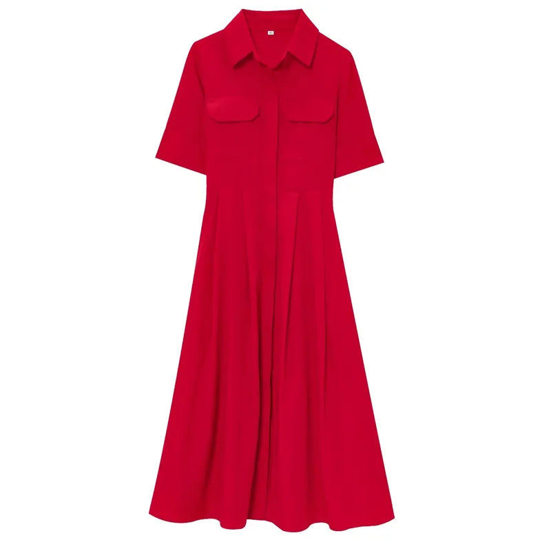 HXAO Red Women's Dress 2025 Short Sleeve Shirt Long Dresses For Woman Pleated Midi Casual Dresses Collared Holiday Dresses 088 Red S0fcb1750691a4bda8efd9df2c7153a90Y Swag N Slay LTD