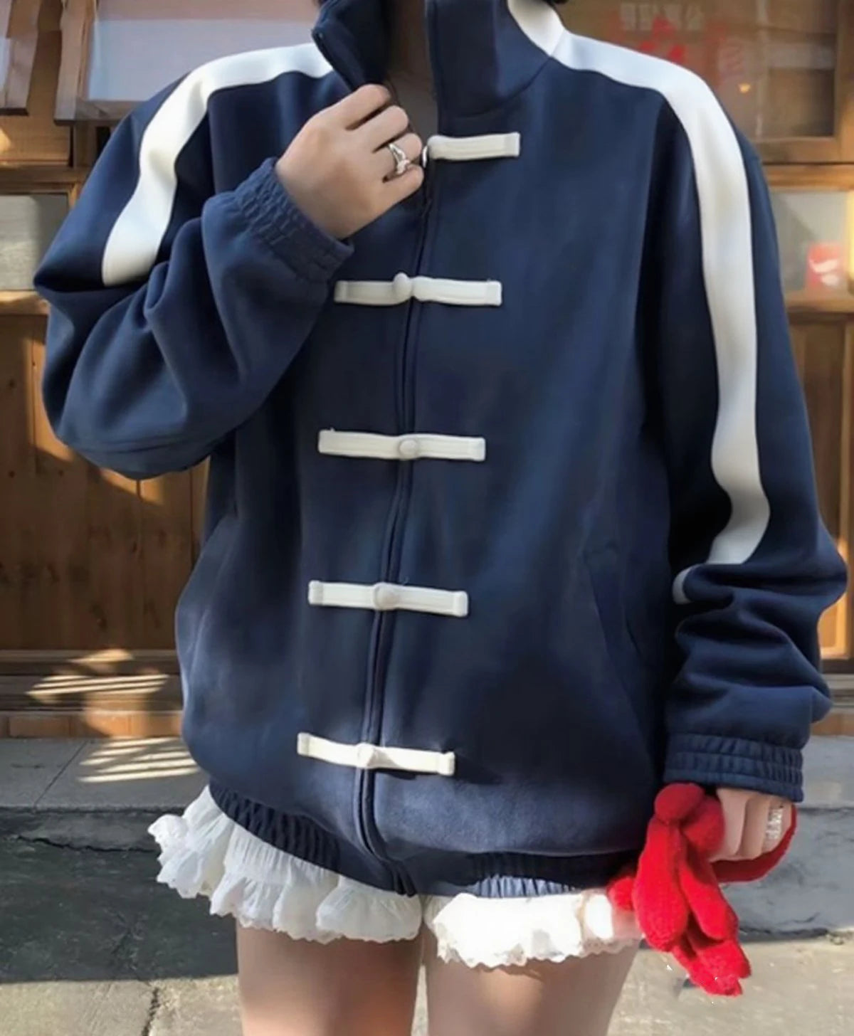 Women Sports Casual Y2k Jacket 2026 Spring Buttoned Striped Coat Female Long Sleeves Vintage Frog Closures Tops Outerwear S103c9a464fb94e939924176511a59593S Swag N Slay LTD