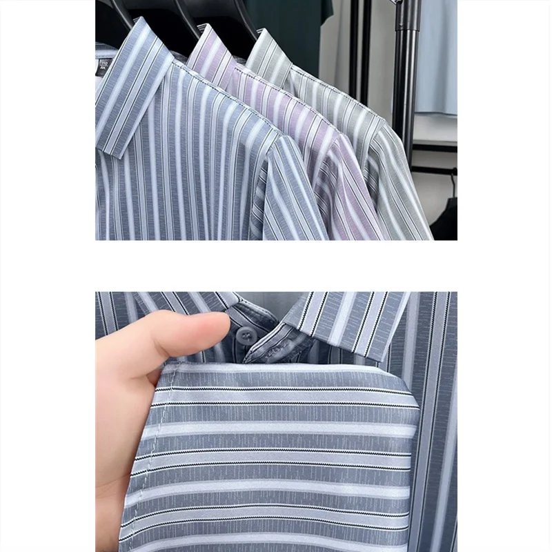 Summer Non Ironing Shirt Men's Striped Ice Silk Button Causal Business Tshirts Thin Quick Drying Flip Collar Short Sleeve Shirt S15b0f13554004e31aa9fd9a47b7f073e9 Swag N Slay LTD