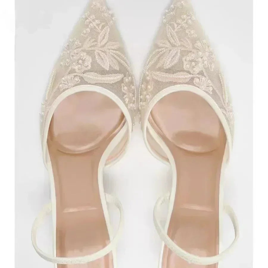 Elegant Mesh Embroidered Flowers Designer Heeled Sandals Women 2025 Summer Sexy Slingback Pointed Toe Thin High Heels Dress Shoe S18004f8d909240dda669196de52879907 Swag N Slay LTD