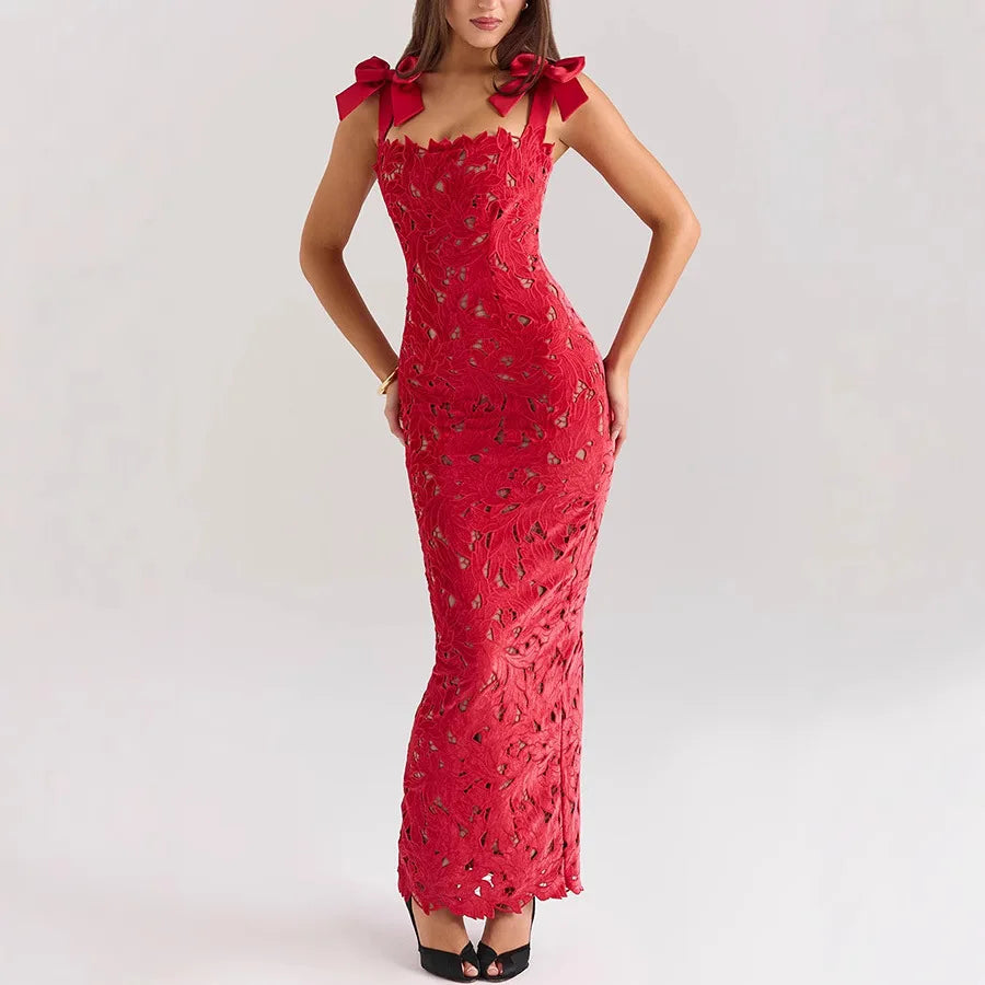 Women's Fashion Sleeveless Lace Bow Straps Maxi Dresses Vacation Outfits Bodycon Hip Wrap Dress Slim Long Robes Party Gowns Red S187815242d3247d49f4ac00810ef15b7g Swag N Slay LTD