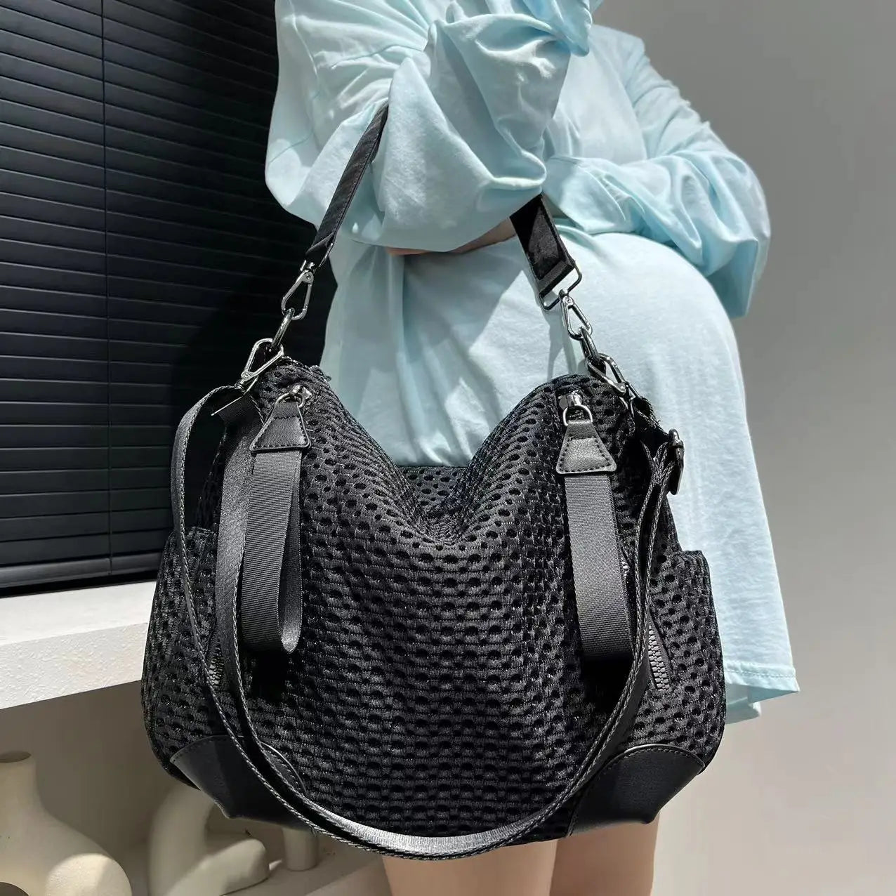 Fashionable neutral mesh spliced nylon shoulder bag, large capacity, lightweight and casual handbag black S1a3e512759774c7783d0748ae1fd31c8i Swag N Slay LTD