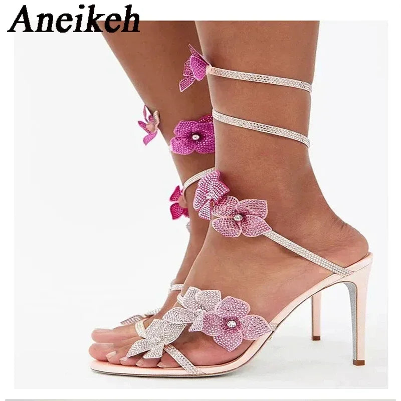 Aneikeh Sexy CRYSTAL Flower Narrow Band Ankle Strap Sandals Woman Thin High Heels Street Style Pole Dancing Ladies Shoes S22113fb1e65548e59163cc1f4827dab7N Swag N Slay LTD
