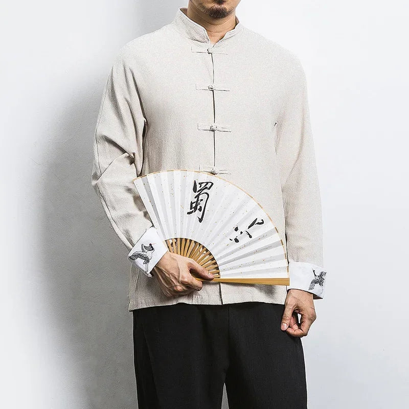 New Crane Embroidery Top Traditional Chinese Clothing for Men Vintage Half Sleeve Linen Shirts Solid Madarin Collar Hanfu Kungfu Long sleeved Beige S2501e8c16d9d4388a26cbbe6857039c6R Swag N Slay LTD
