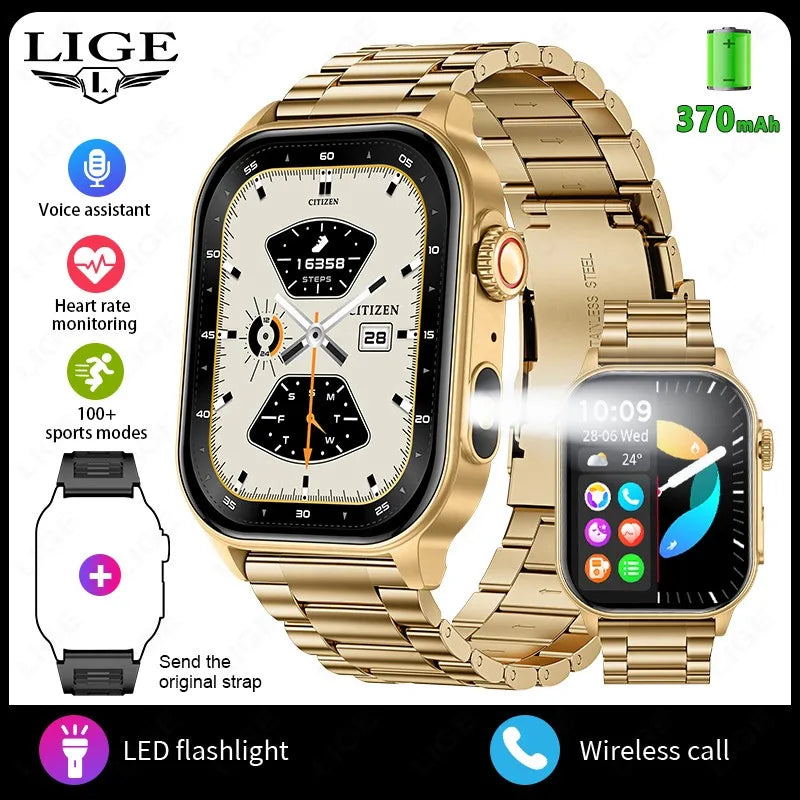 LIGE Smart Watch For Men Women 2.01" HD Display Health Monitor Sports Fitness Watches AI Voice Bluetooth Call Man Smartwatch New Gold steel S2501fdc5d79b476ba1b73350ba0c6e303 Swag N Slay LTD