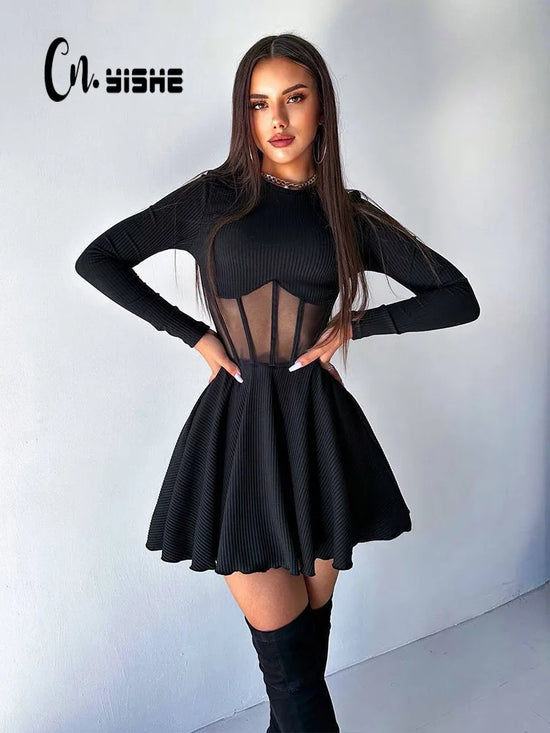 CNYISHE Women Dresses Mesh Patchwork Sheer Long Sleeve Sexy Club Fashion O Neck A-line Sheath Bodycon Female Vestidos Robes S28d8a85aed4242c2a639af86f028b745W Swag N Slay LTD