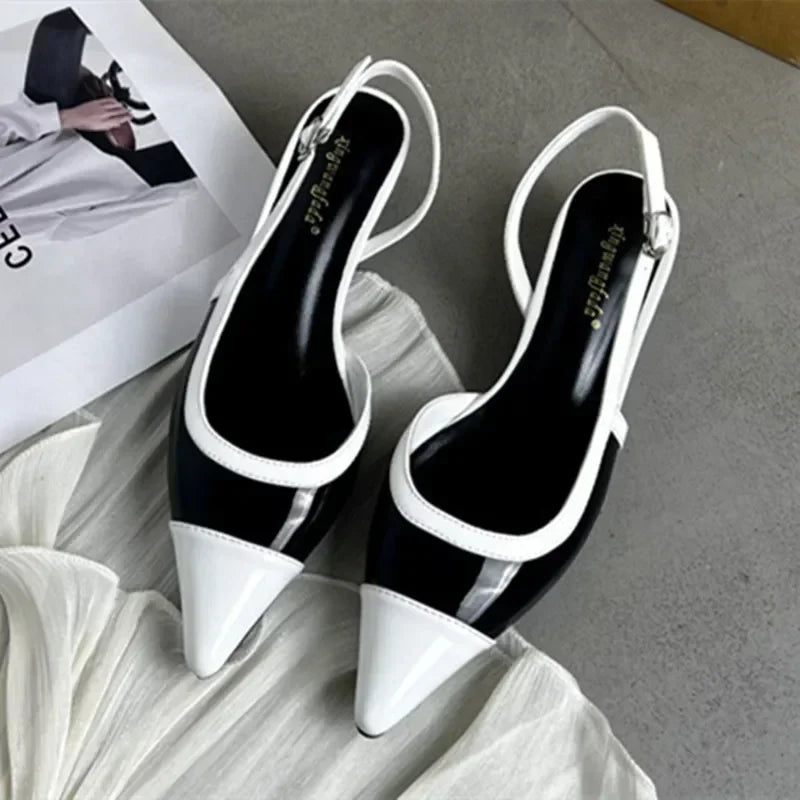 Designer Black White Mixed Color Low Heeled Sandals Women Sexy Pointed Toe Slingbacks Chunky High Heels for Women Elegant Heels Black S2b4c0b06e15d4e2592e9cb5025fa6984X Swag N Slay LTD