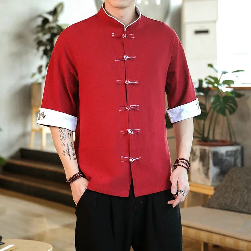 New Crane Embroidery Top Traditional Chinese Clothing for Men Vintage Half Sleeve Linen Shirts Solid Madarin Collar Hanfu Kungfu Short sleeve Red S308863b1301b463a9ee127be3a76519cO Swag N Slay LTD
