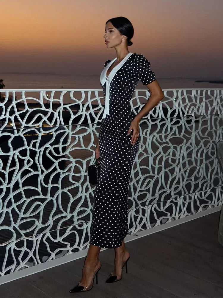 CNYISHE Dot Patchwork Hip Wrap Short Sleeve V Neck Elegant Women Dresses Sheath Fashion Sexy Club Bodycon Female Vestidos Robes S31fd19b8b99c4544abac2c04288da7b6F Swag N Slay LTD
