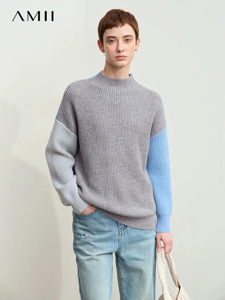 AMII Women's Turtleneck Sweater 2025 Winter Loose Casual Top Minimalist Morandi Color Patchwork Design Knitted Jumper 12444057 S330c42ccadeb42f2bb3a5dd1458aab2eW Swag N Slay LTD