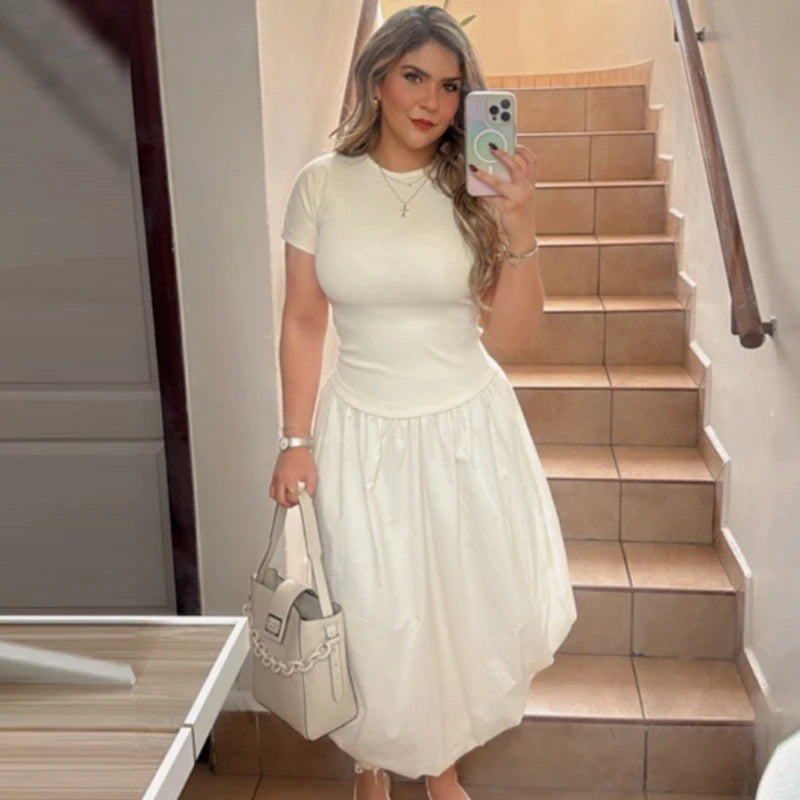 HXAO Womens Dresses Off White Balloon Dress Summer 2025 Ruffled Short Sleeve Long Dresses Knit Patchwork Elegant Gowns Vestidos S354ef1364af44bb686d8dd2f3b1a2159d Swag N Slay LTD