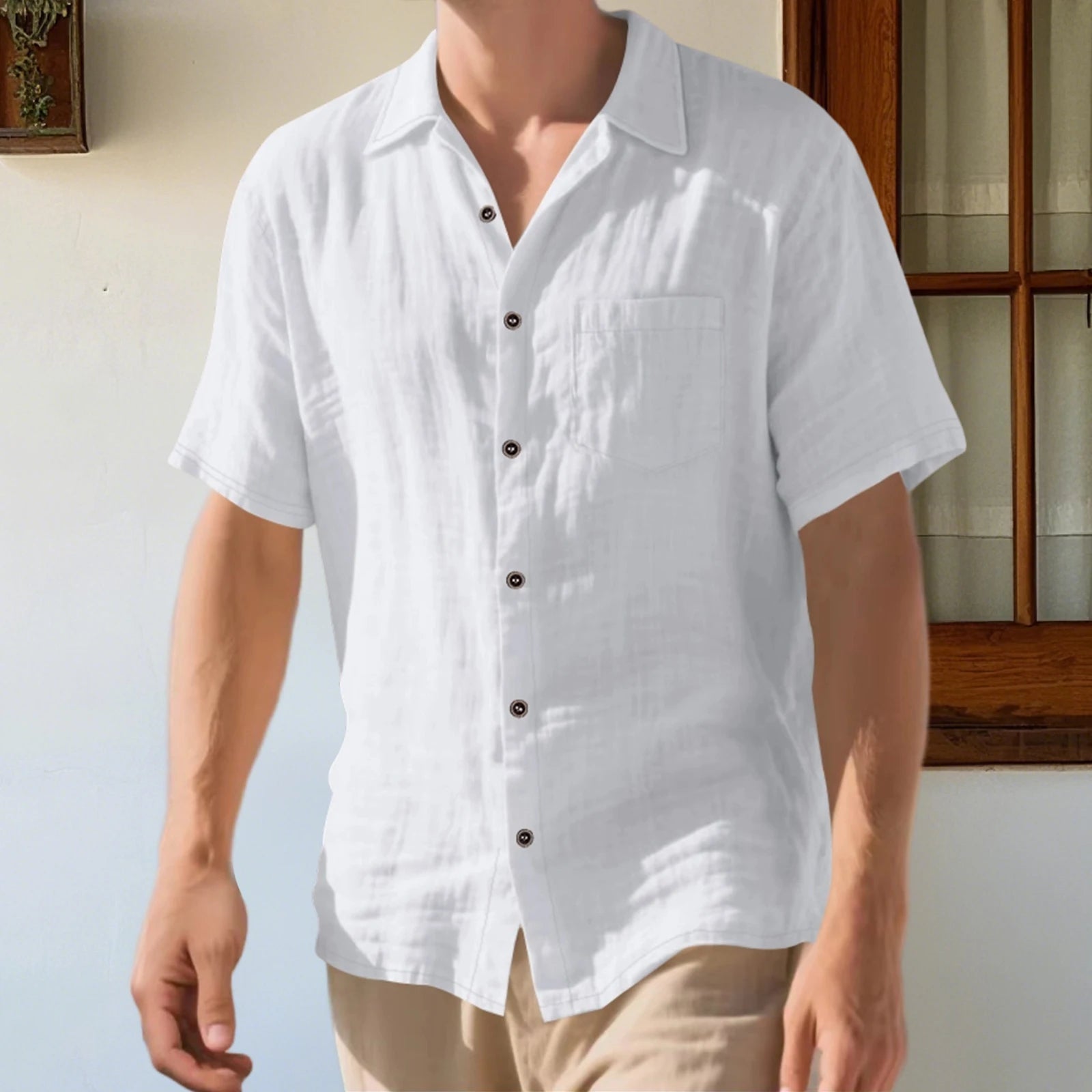 Men s Lightweight Linen Short Sleeve Button-Down Shirt Casual Solid Color Breathable Summer Tops Loose Fit Lapel Collar WHITE United States S368d0214f70a4f71ae0e0323f22c2d1fh Swag N Slay LTD