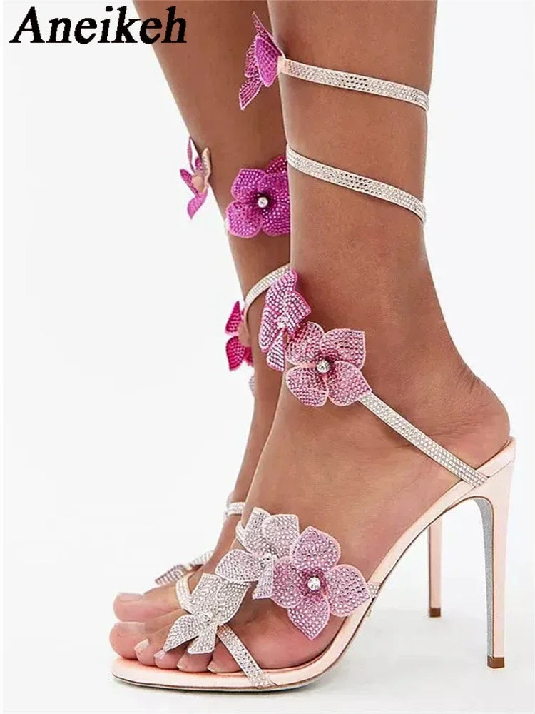 Aneikeh Sexy CRYSTAL Flower Narrow Band Ankle Strap Sandals Woman Thin High Heels Street Style Pole Dancing Ladies Shoes S37865394418b4523af065878b85c94f8i Swag N Slay LTD