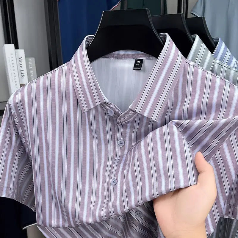 Summer Non Ironing Shirt Men's Striped Ice Silk Button Causal Business Tshirts Thin Quick Drying Flip Collar Short Sleeve Shirt Pink S3914a7fb55a2495ea7323d6f472ff2caa Swag N Slay LTD
