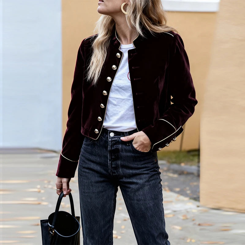 Modigirl Women's Velvet Wine Red Jackets 2025 Autumn Winter Coat Long Sleeves Stand Collar Buttoned Casual Outerwear for Woman S39250dc6e5fa407892001a646bdd3079S Swag N Slay LTD