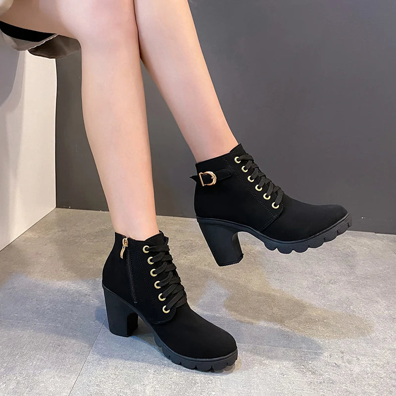Women's Winter Warm Ankle Boots: Thick Sole & High Heel - Black PU Leather, Side Zipper with Lace-Up Detail, Plain Toe | Chic Ev S39ceb40c05e7462a838eb4e0347c917fB Swag N Slay LTD