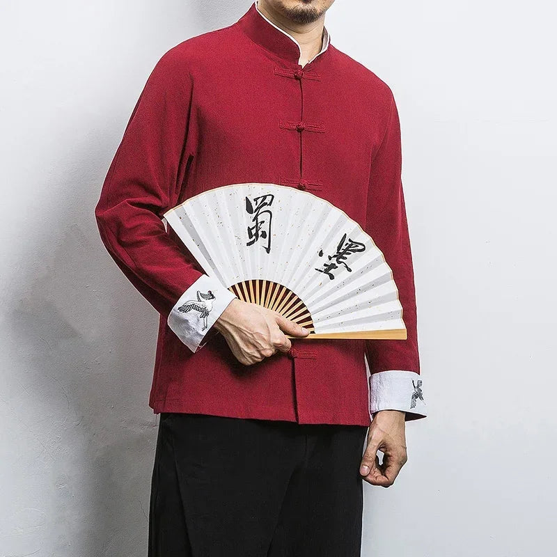 New Crane Embroidery Top Traditional Chinese Clothing for Men Vintage Half Sleeve Linen Shirts Solid Madarin Collar Hanfu Kungfu Long sleeved Red S3b9ae7e2ef3f4475ad1f8ba9076cac926 Swag N Slay LTD