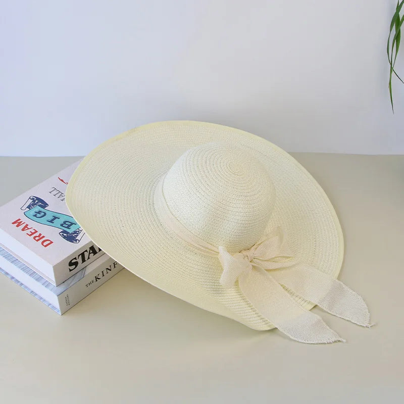 Women Bowknot Straw Hat Summer Beach Travel Large Brim Floppy Panama Hats For Ladies Foldable UV Protection Sunscreen Cap WHITE S3c7e64a285ae4e9b946a133540bd7ec49 Swag N Slay LTD