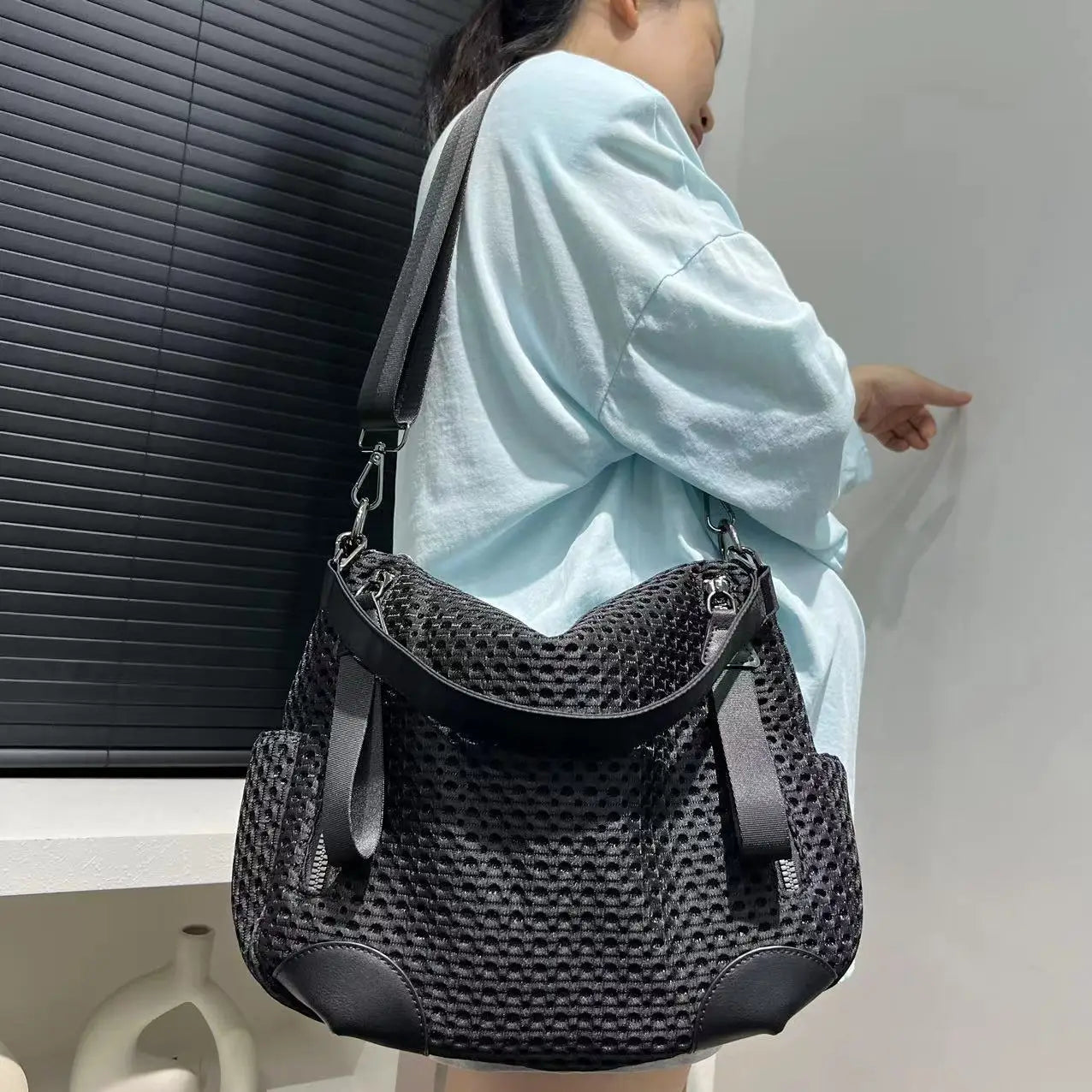 Fashionable neutral mesh spliced nylon shoulder bag, large capacity, lightweight and casual handbag S3cd95b2b04534932bc3573b4eaddba67R Swag N Slay LTD