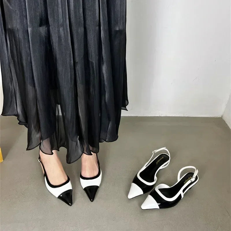 Designer Black White Mixed Color Low Heeled Sandals Women Sexy Pointed Toe Slingbacks Chunky High Heels for Women Elegant Heels S3fd334479582479c8cc16a5e78526803Z Swag N Slay LTD