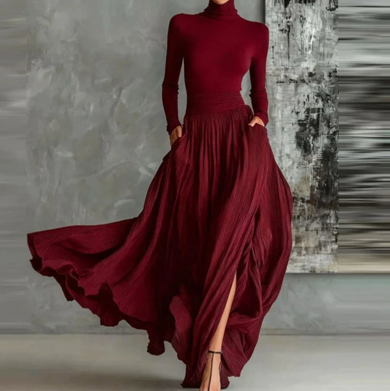 France Elegant Two Piece Skirt Set for Women's Pockets Solid Minimalist Split Hem Pleated A Line Vintage Turtleneck Slim Suits Burgundy S40d43274a45e40f18e2bb0d7fbca4960G Swag N Slay LTD