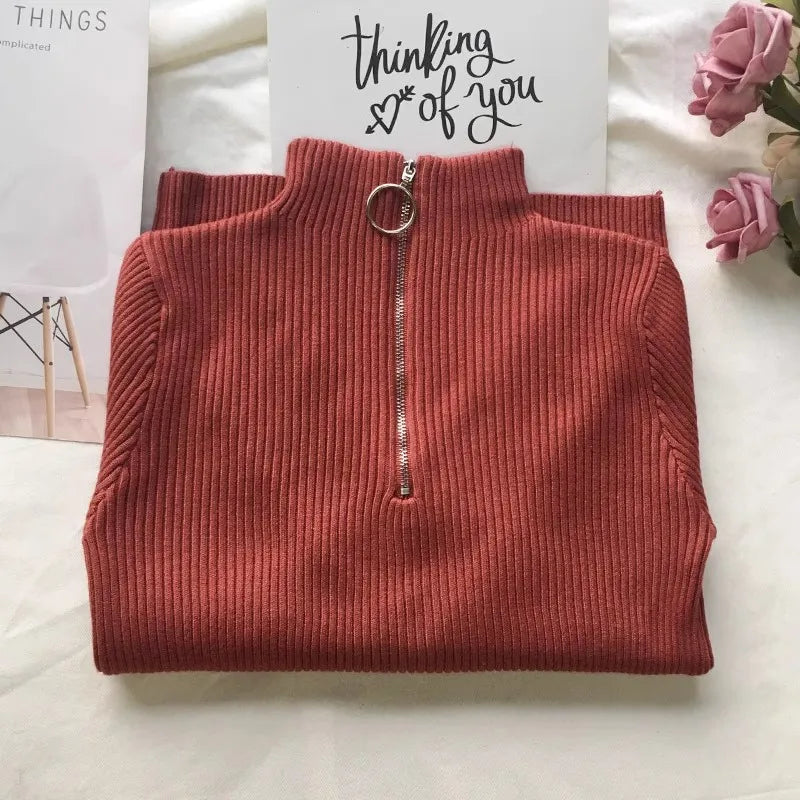 Women Sweater Autumn Winter Turtleneck Long Sleeve Zipper Neckline Knitted Pullover Female Sweater Slim Basic Knitted Jumpers One Size brick red S423354e40da84594b7de4acce30625c0a Swag N Slay LTD