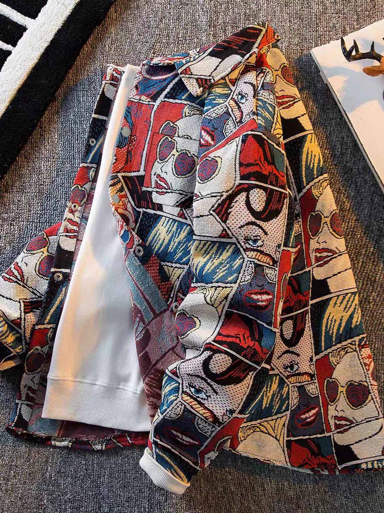 Spring and autumn trendy rugged stylish workwear jacket for men, American design, retro fun cartoon comic print jacket S43b2934d857141a9b5ff1cf536ef6f770 Swag N Slay LTD