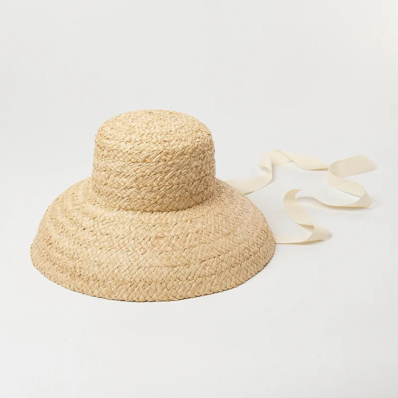 USPOP Large Brim Raffia Straw Hat Women Spring Summer French Style Sun Hat wIth Straps White Straps S43f613b0c8574777a76e06f1cbe58e85D Swag N Slay LTD