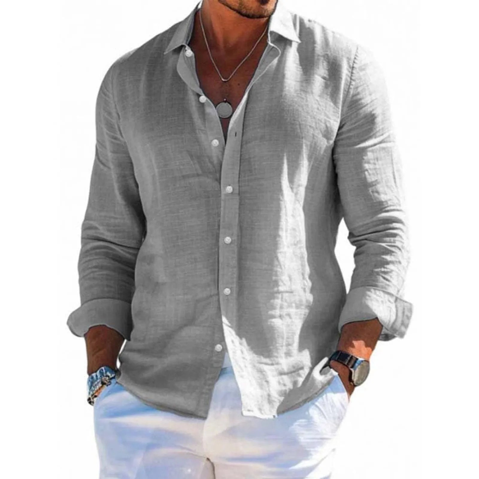 Men's tops long sleeve new style shirt cotton linen cool solid color loose lapel casual beach style cardigan spring and summer E S450198058e3e41238b2149a472bd6538K Swag N Slay LTD