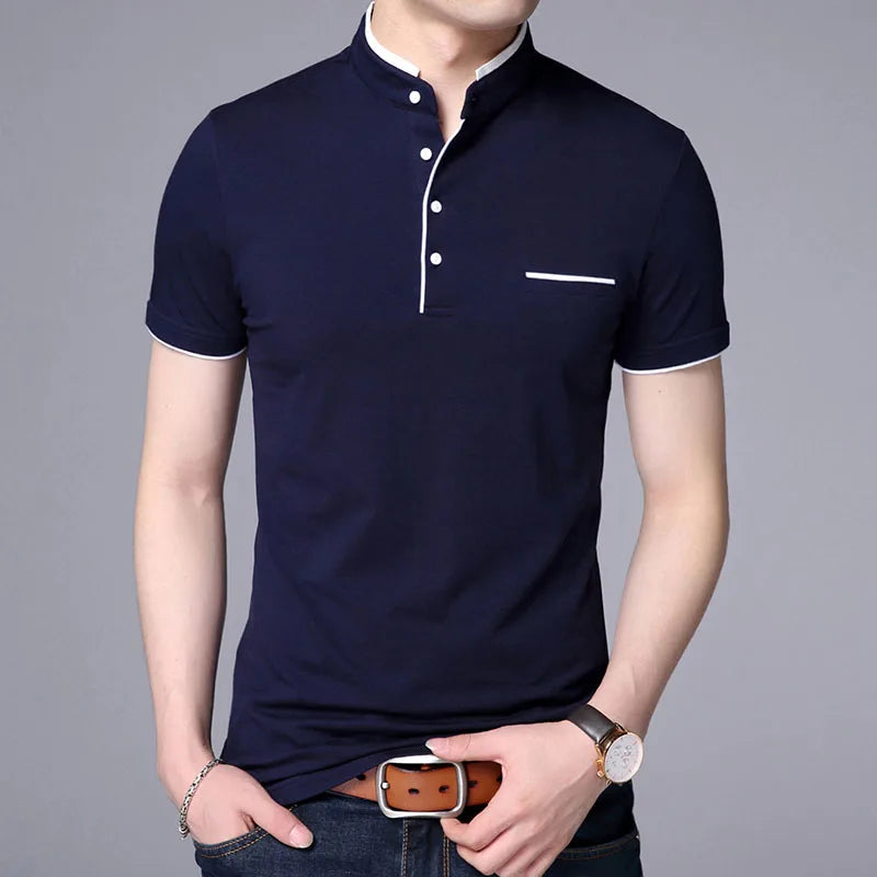 2025 New Fashion Brand Polo Shirt Men's Summer Mandarin Collar Slim Fit Solid Color Button Breathable Polos Casual Men Clothing Navy Blue S47053e335ee24e5986cedf8914327a01g Swag N Slay LTD