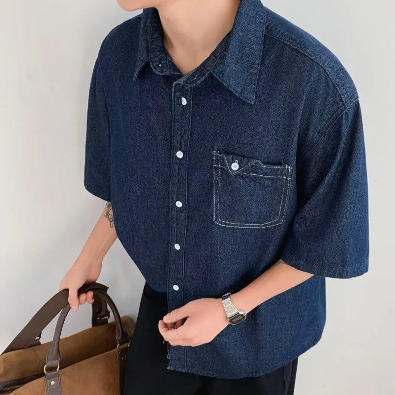 Dark Blue Denim Shirt Men and Women Japanese Vintage City Boy Oversized Loose Casual Summer Lapel Buttons Shirt Top S488e89de44624012a2fac3844f3626a6e Swag N Slay LTD