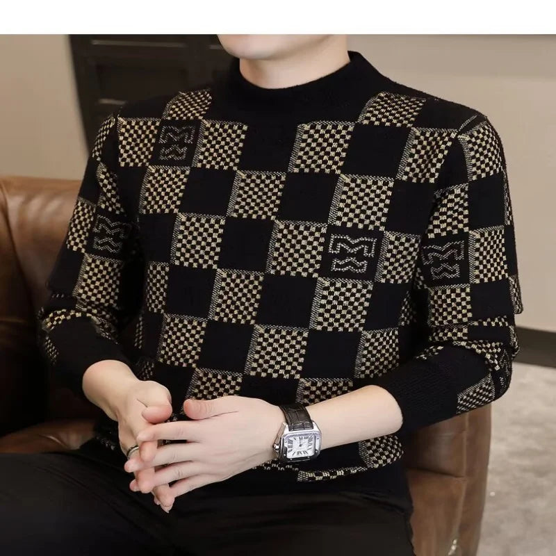 Checkered sweater for men's autumn and winter new fashion brand jacquard knitted sweater with half high collar and bottom layer S4b121081cc7c4633af12e3857d9d3319O Swag N Slay LTD