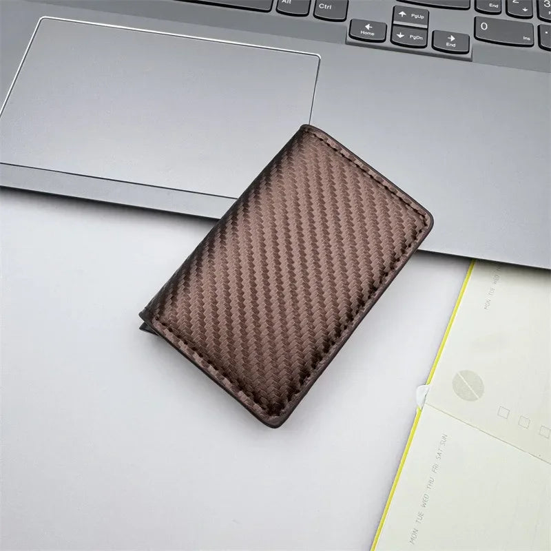 Men and women Minimalist RFID Blocking Wallet-Automatic Pop-up Metal Credit Card Holder,Zipper Coin Purse Business Card Wallet Carbon Fiber brown S4bcf51088a884b00930d73cdb2ee1bf0O Swag N Slay LTD