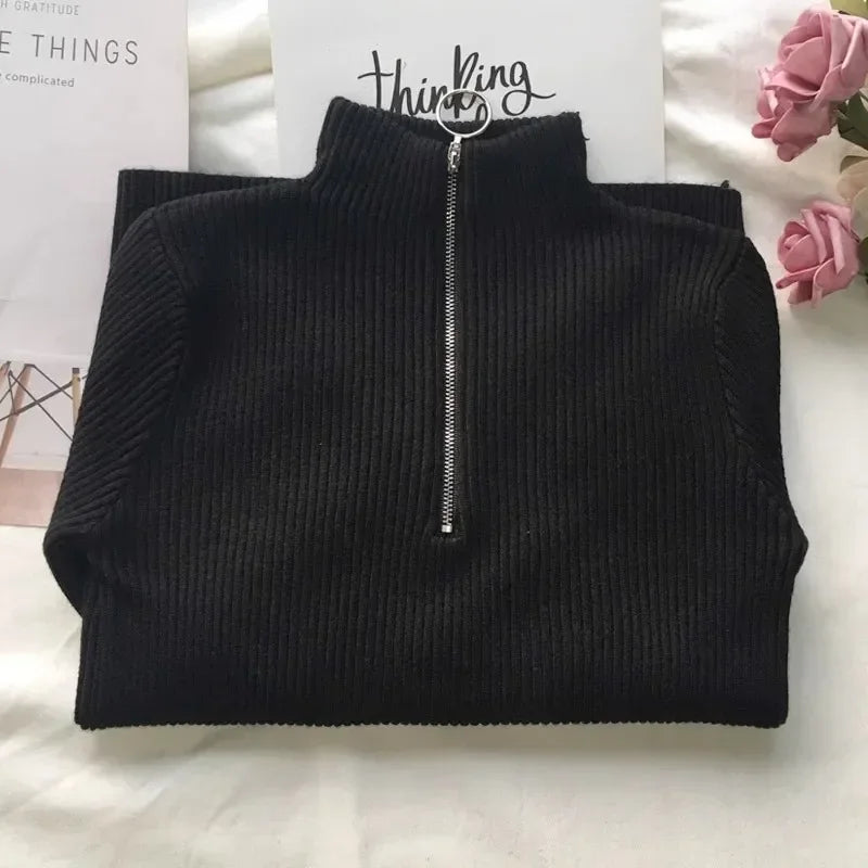 Women Sweater Autumn Winter Turtleneck Long Sleeve Zipper Neckline Knitted Pullover Female Sweater Slim Basic Knitted Jumpers One Size black S4cd274dbee7d4a6d874787f54f319270O Swag N Slay LTD