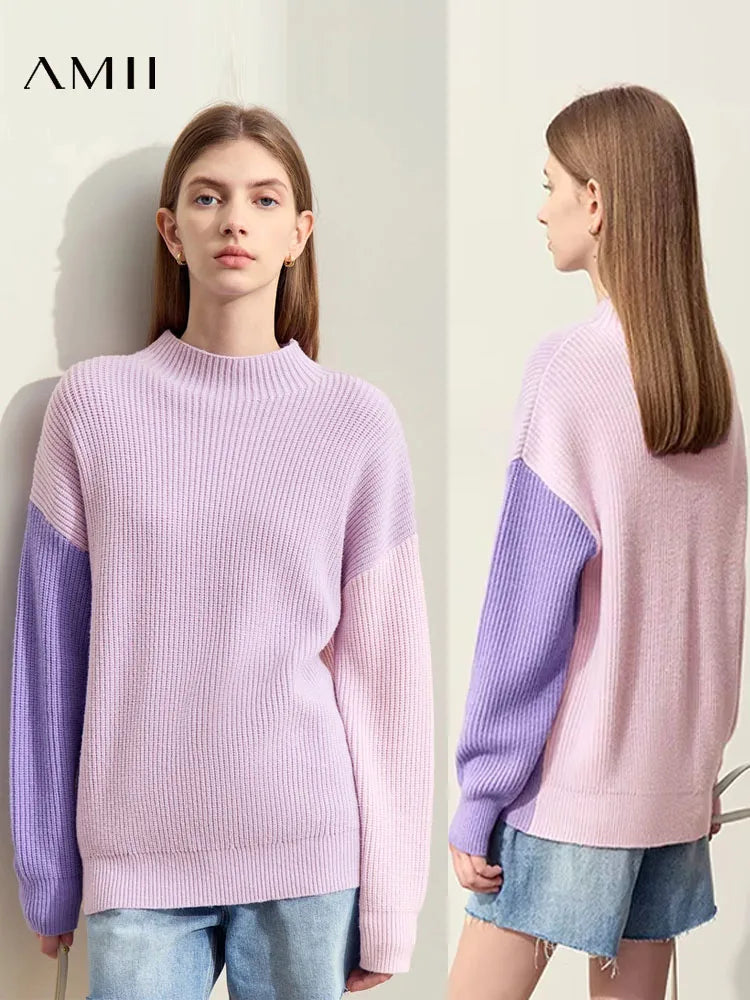AMII Women's Turtleneck Sweater 2025 Winter Loose Casual Top Minimalist Morandi Color Patchwork Design Knitted Jumper 12444057 S4d79b89e7d5546928a6119fdc4e34f2bT Swag N Slay LTD