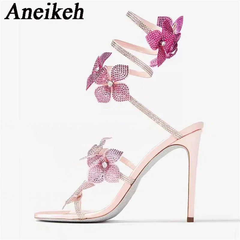 Aneikeh Sexy CRYSTAL Flower Narrow Band Ankle Strap Sandals Woman Thin High Heels Street Style Pole Dancing Ladies Shoes S53445406852a44558421b83c4ba716f6W Swag N Slay LTD