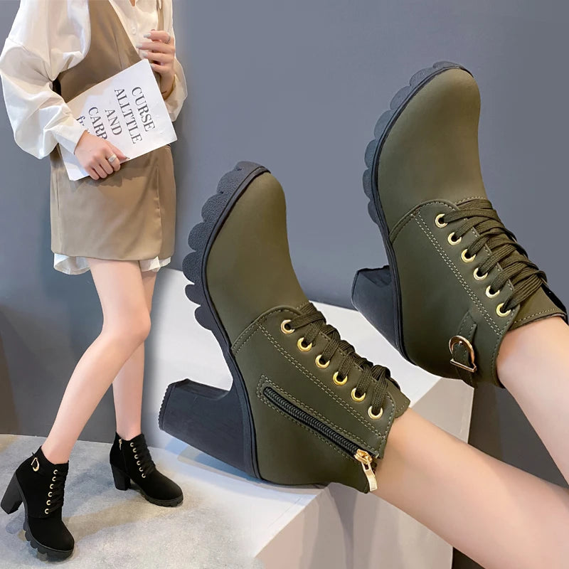 Women's Winter Warm Ankle Boots: Thick Sole & High Heel - Black PU Leather, Side Zipper with Lace-Up Detail, Plain Toe | Chic Ev S5423b1a983d742dfa30916f2892d3cb90 Swag N Slay LTD