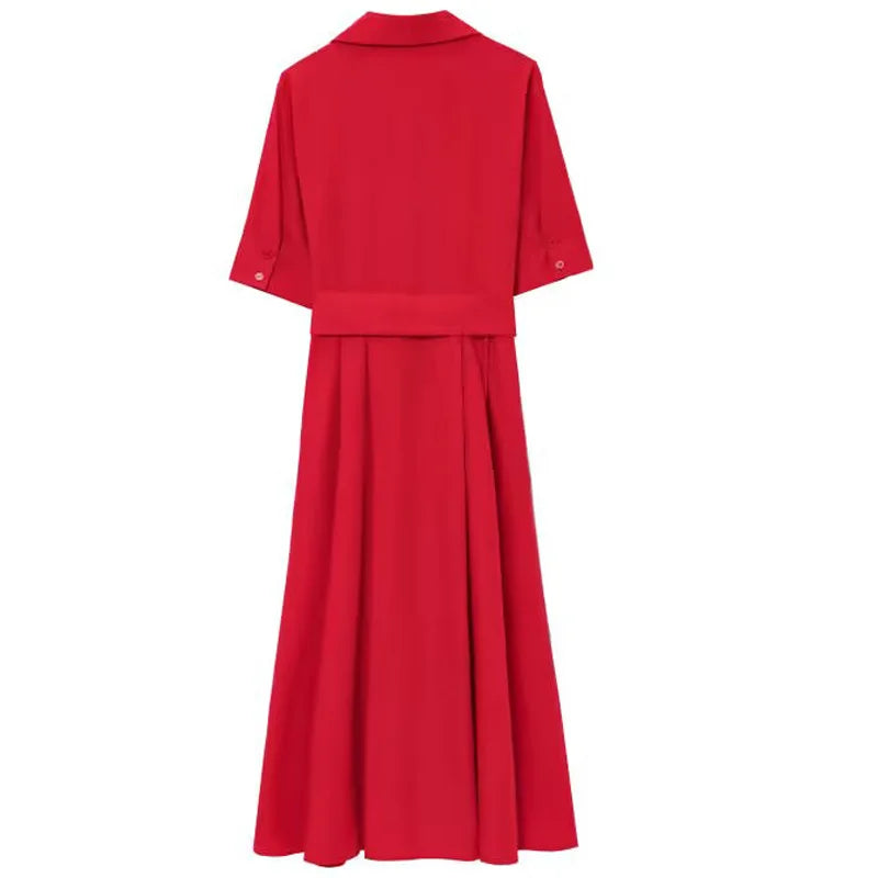 HXAO Red Women's Dress 2025 Short Sleeve Shirt Long Dresses For Woman Pleated Midi Casual Dresses Collared Holiday Dresses 088 S553f2a5ea89f434f871b65b4ac876536E Swag N Slay LTD