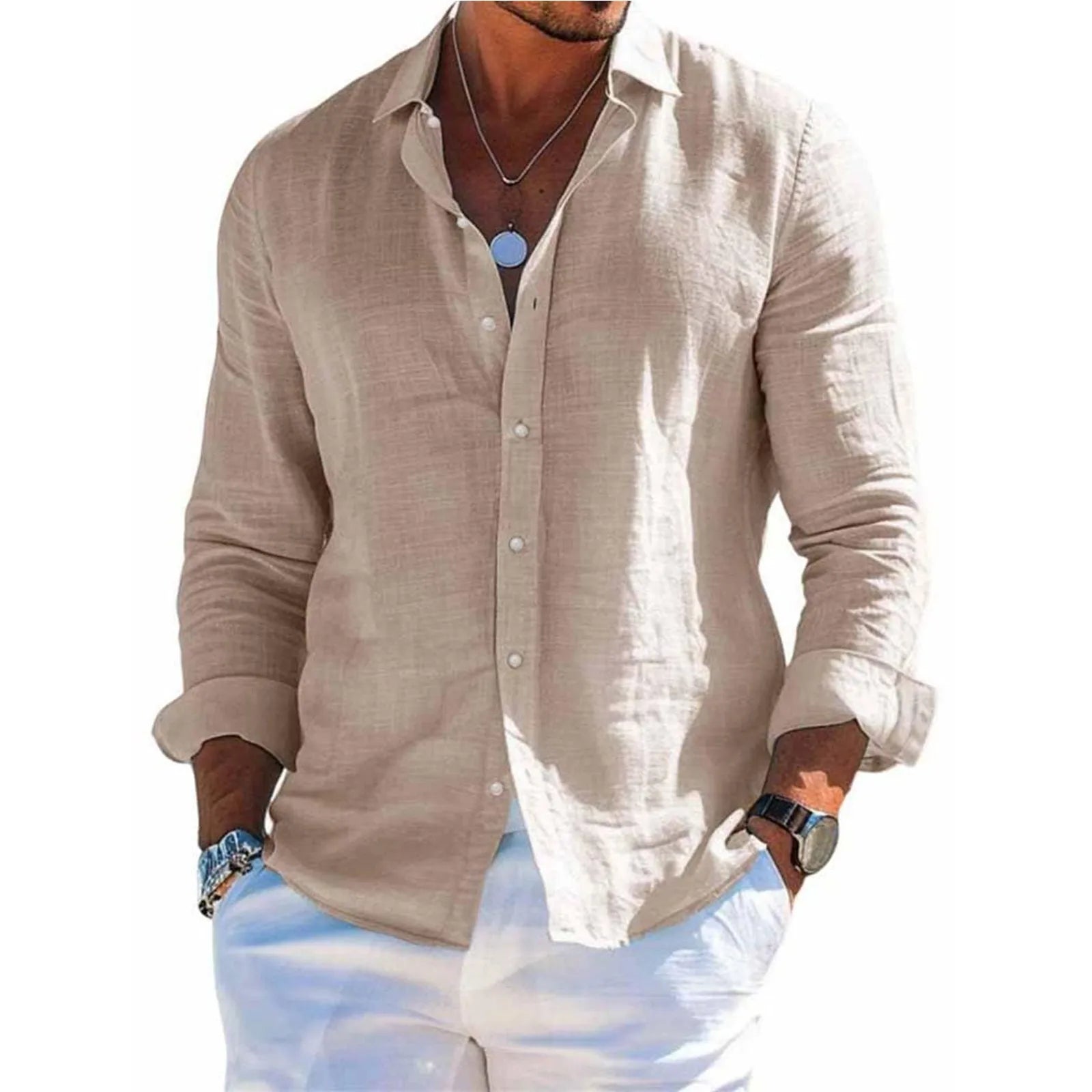 Men's tops long sleeve new style shirt cotton linen cool solid color loose lapel casual beach style cardigan spring and summer D S5574304b30be43a39e8f8d13acba1e22D Swag N Slay LTD